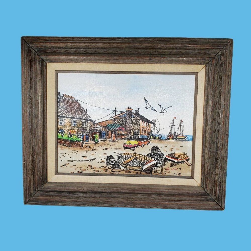 Vintage Oil Painting Signed Jasper Cityscape Beach Boats Nautical Framed 19"x21"